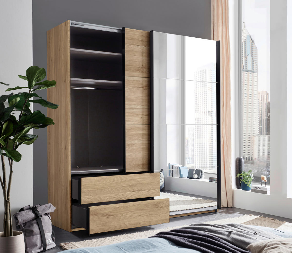 SCHWEBETÜRENSCHRANK Eichefarben  - Eichefarben/Schwarz, Modern, Glas/Holzwerkstoff (215/225,5/60,5cm) - Xora