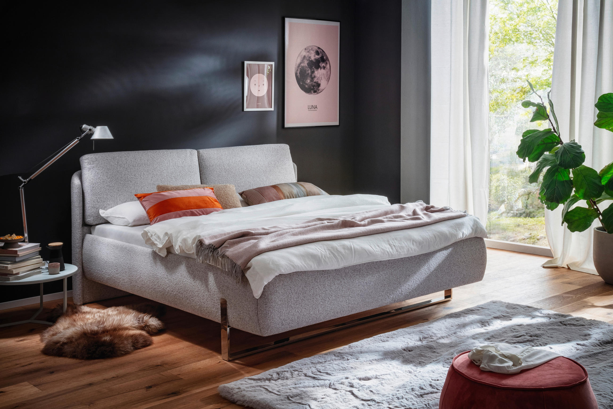 POLSTERBETT 140/200 cm,  in Hellgrau,  - Chromfarben/Hellgrau, Design, Textil/Metall (140/200cm) - Esposa