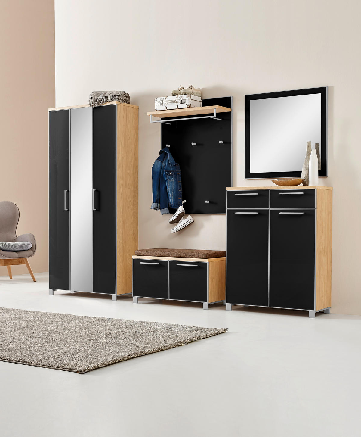GARDEROBE 6-teilig  in 265/195/40 cm  - Hellbraun/Eichefarben, Design, Glas/Holz (265/195/40cm)