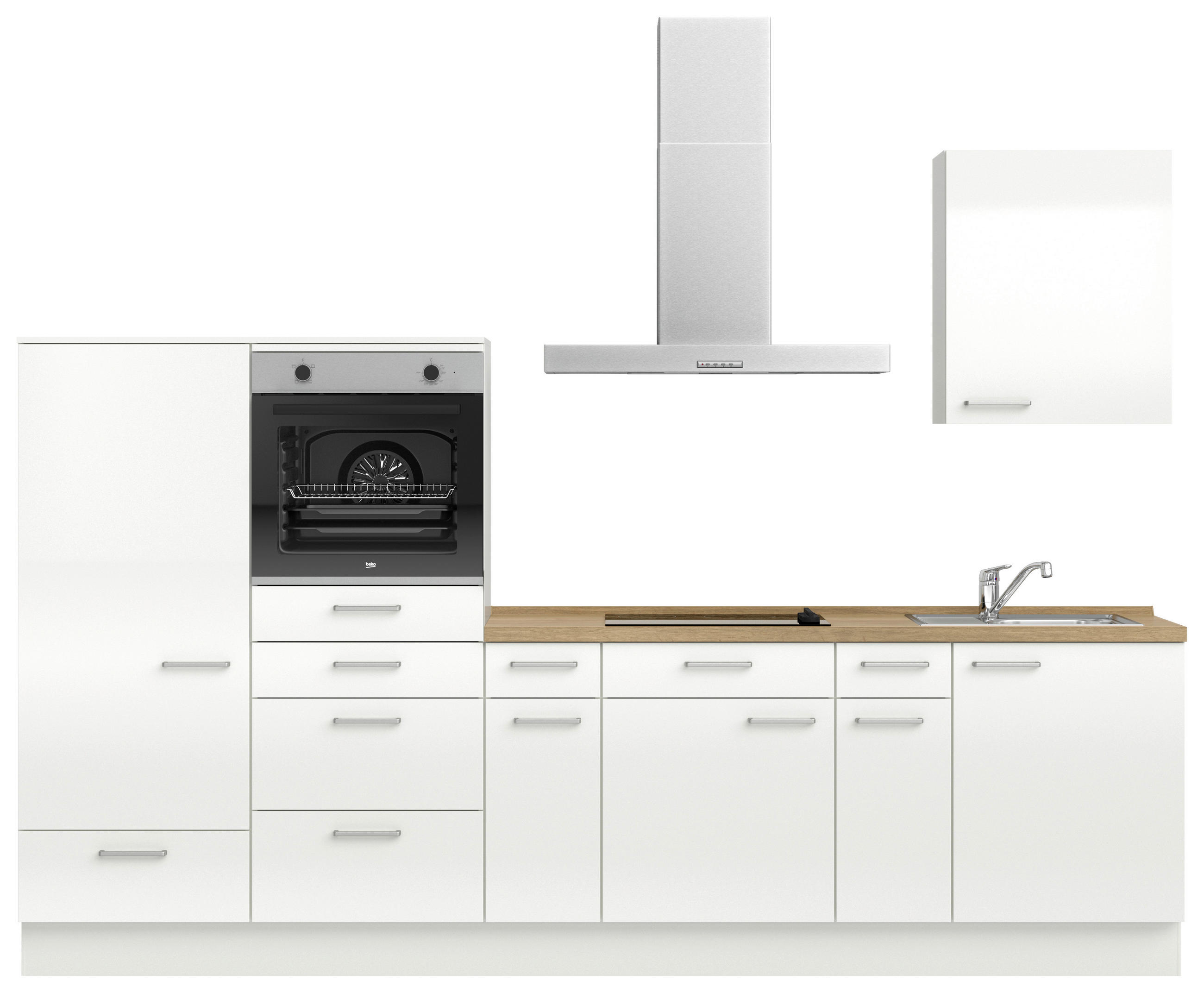 KÜCHENLEERBLOCK 300 cm   in Eichefarben, Weiß Hochglanz  - Edelstahlfarben/Eichefarben, MODERN, Holzwerkstoff/Metall (300cm) - Nobilia