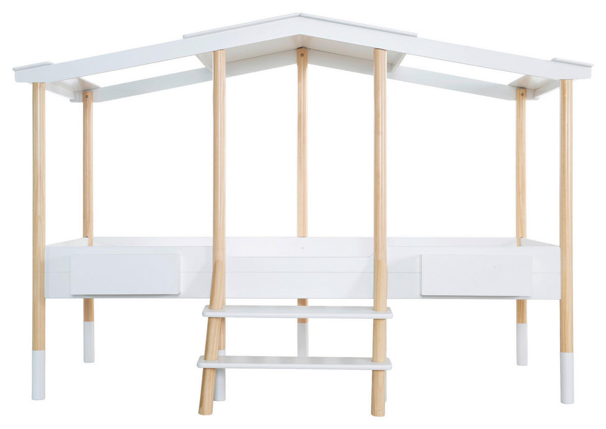 HAUSBETT 90/200 cm,  in Weiß, Kieferfarben, Leiter, Lattenrost  - Weiß/Kieferfarben, Basics, Holz (90/200cm) - Xora