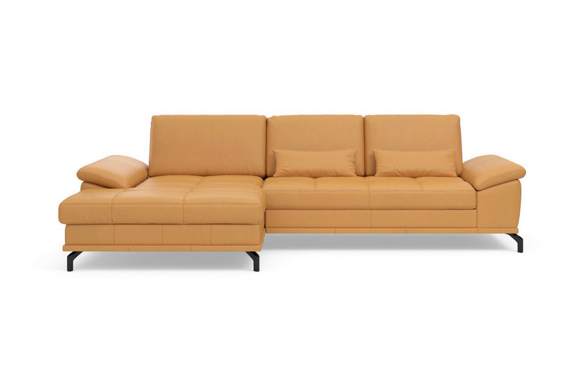 ECKSOFA COSTELLO E Currygelb Echtleder Nierenkissen, Armteilverstellung, Sitztiefenverstellung  - Currygelb/Schwarz, Basics, Leder/Textil (176/301cm) - Sit & More