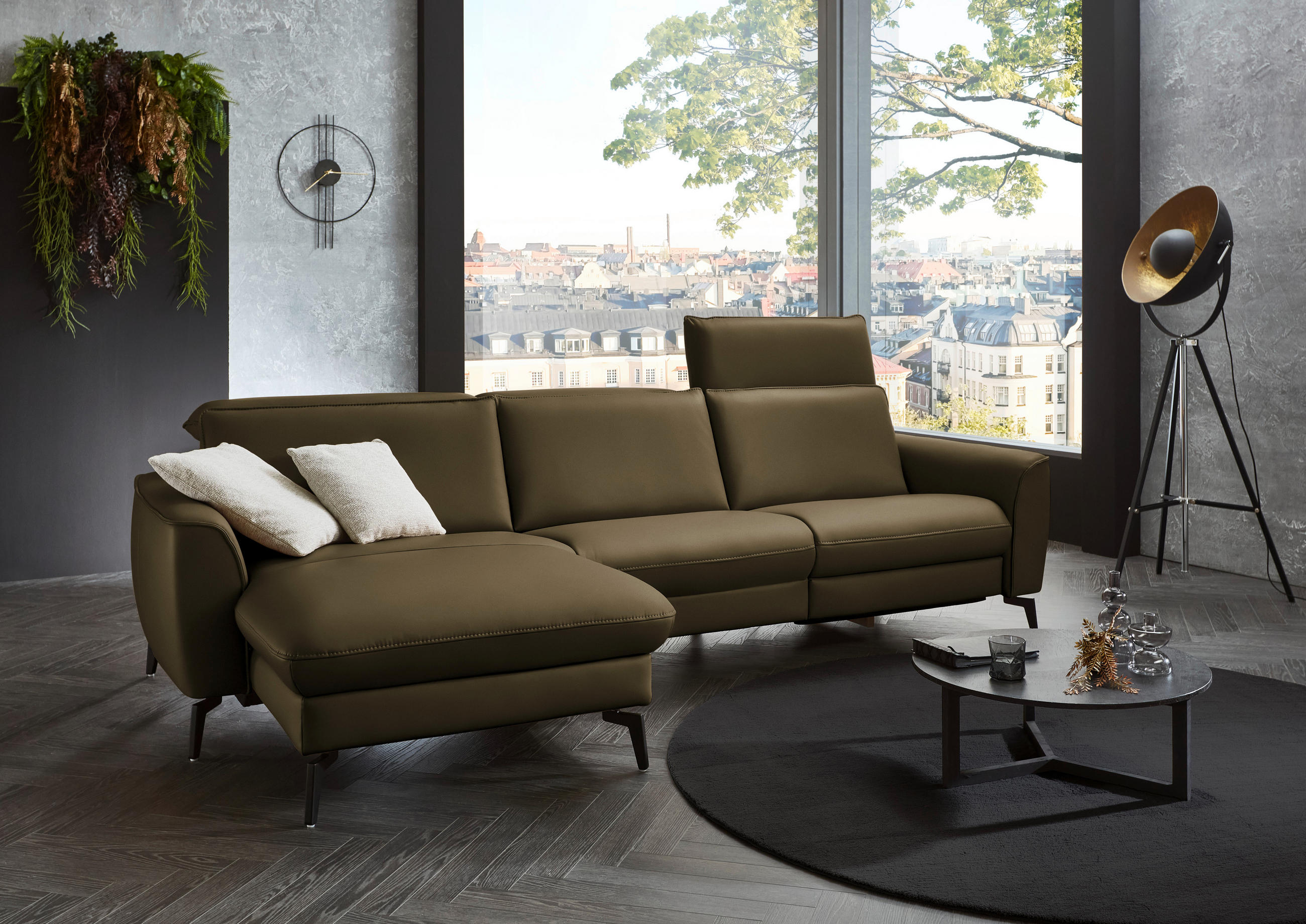 ECKSOFA in Echtleder Grün  168/281 cm  - Schwarz/Grün, Natur, Leder/Metall (168/281cm) - Valdera