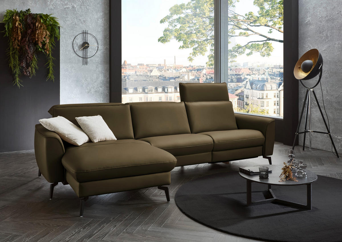 ECKSOFA in Echtleder Grün  - Schwarz/Grün, Natur, Leder/Metall (168/281cm) - Valdera