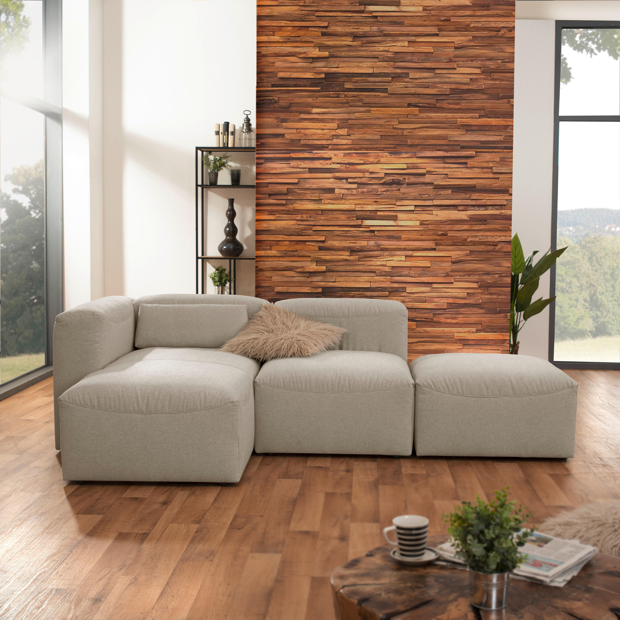 ECKSOFA LENA Creme Flachgewebe - Creme, Design, Kunststoff/Textil (160/250cm) - Max Winzer