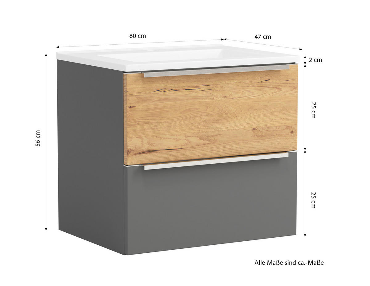 WASCHTISCHKOMBI  - Wildeiche/Edelstahlfarben, Trend, Holzwerkstoff/Stein (60/54/47cm) - Held