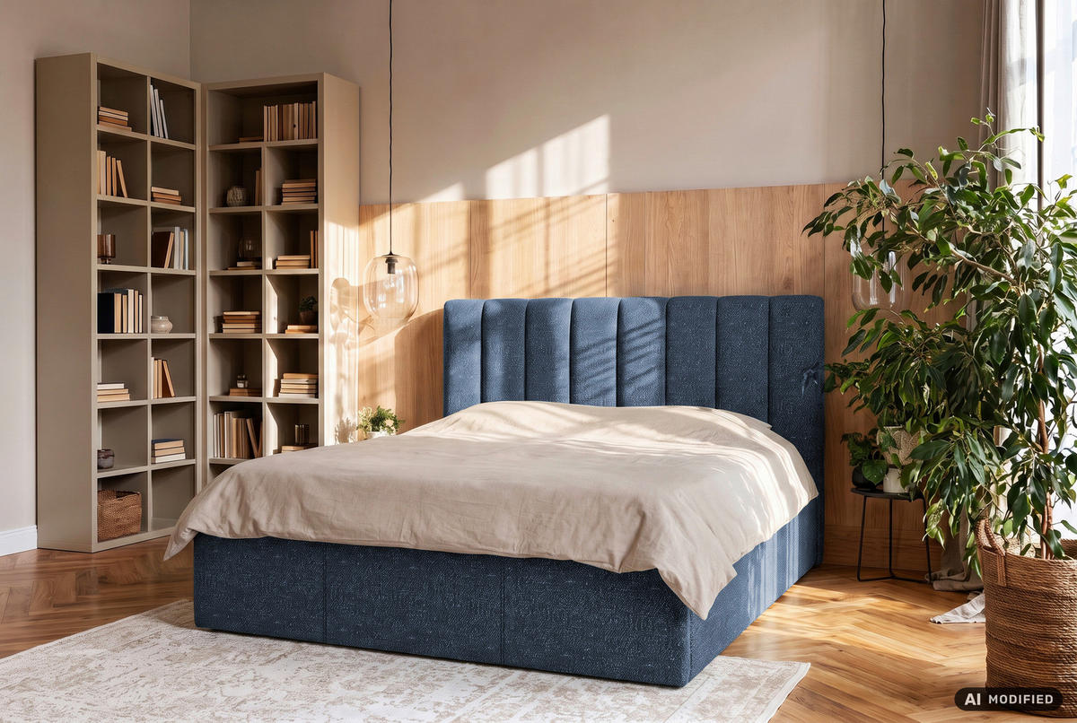 POLSTERBETT 140/200 cm,  in Dunkelblau, Matratze, Lattenrost, Bettkasten, H3 + H4 = fest + sehr fest  - Dunkelblau, Trend, Holz/Textil (140/200cm) - Boxxx