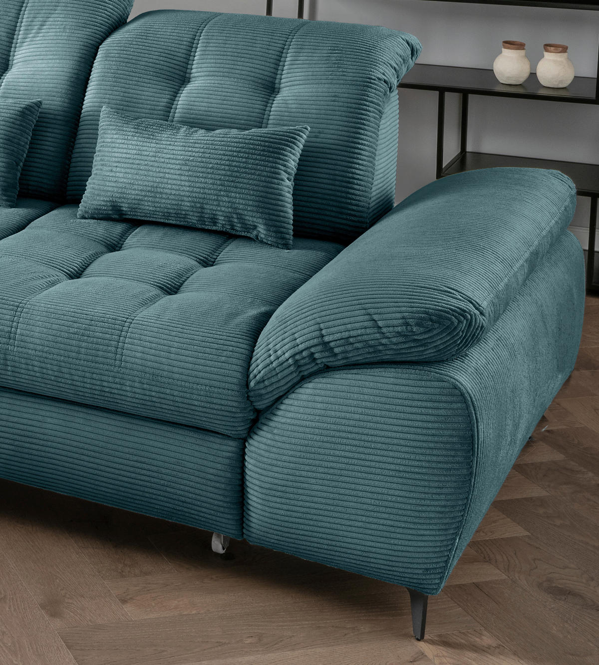 ECKSCHLAFSOFA in Cord Petrol  - Petrol/Schwarz, Modern, Textil/Metall (189/273cm) - Livetastic