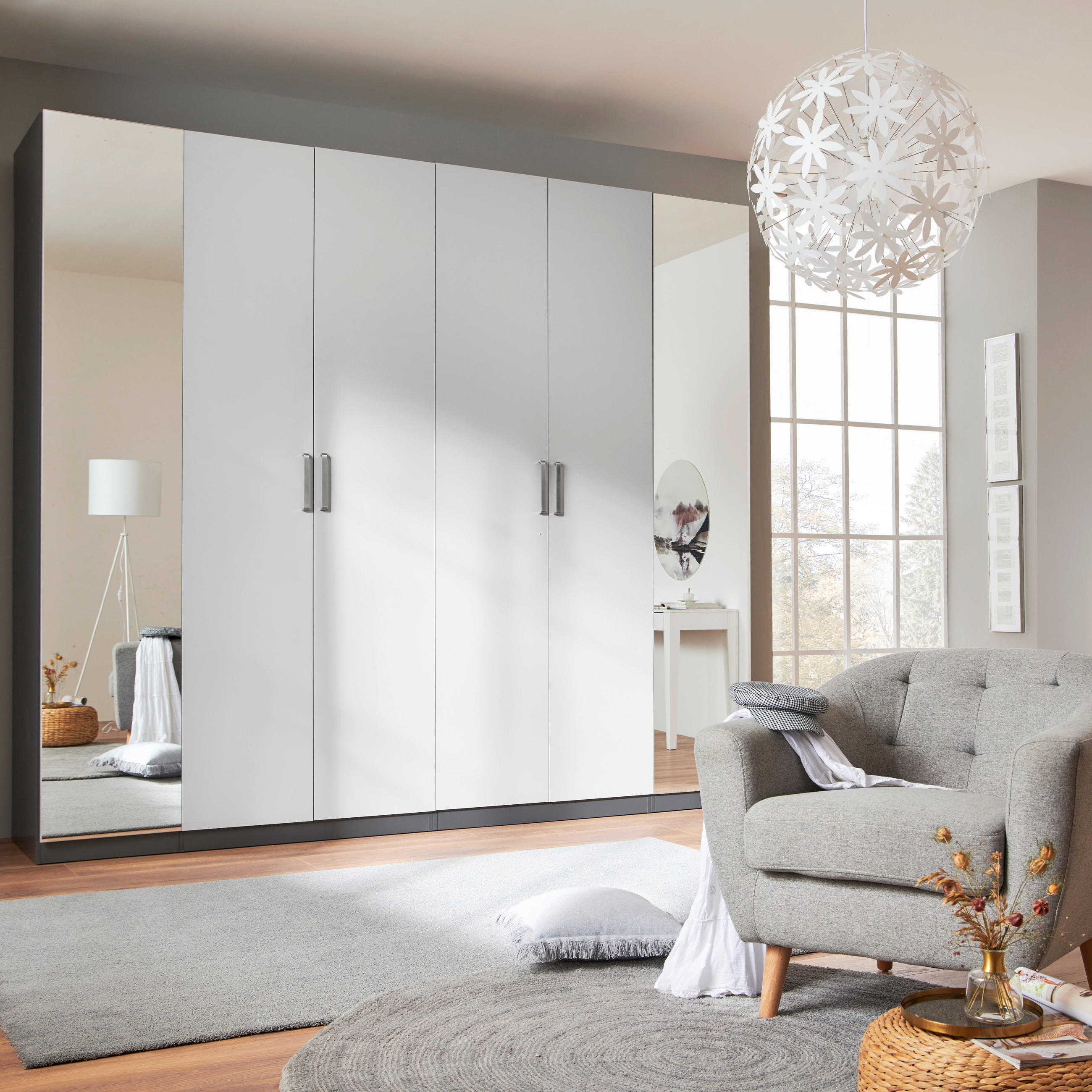 Drehtürenschrank Mit Spiegel 273 cm Unit Anthrazit/Hellgrau