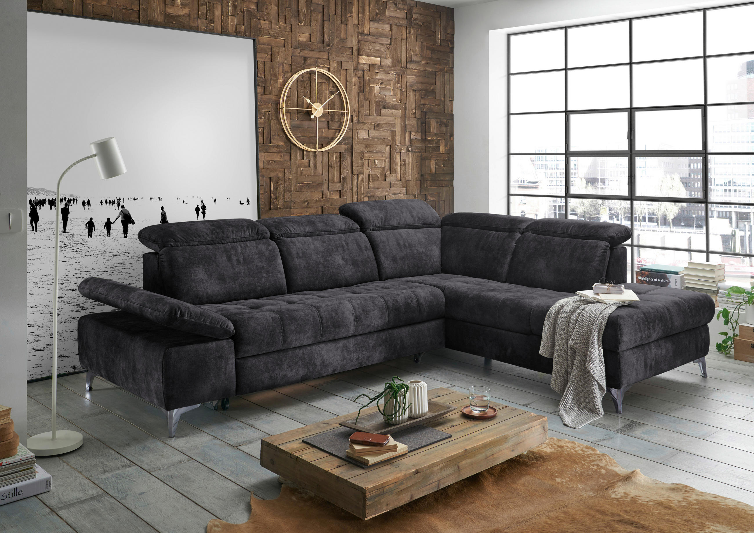 ECKSOFA in Mikrofaser Anthrazit - Chromfarben/Anthrazit, Basics, Holzwerkstoff/Kunststoff (282/221cm) - MID.YOU