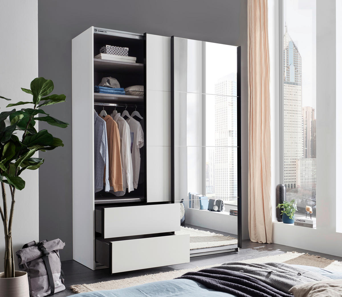 SCHWEBETÜRENSCHRANK 170/225,5/60 cm 2-türig Weiß, Schwarz  - Schwarz/Weiß, KONVENTIONELL, Glas/Holzwerkstoff (170/225,5/60cm) - Xora