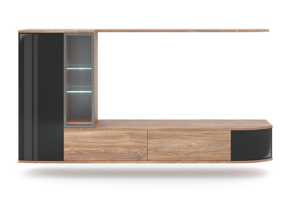 WOHNWAND 4-teilig  in Schwarz, Eichefarben  255/130/40 cm  - Eichefarben/Schwarz, Design, Glas/Holzwerkstoff (255/130/40cm) - MID.YOU