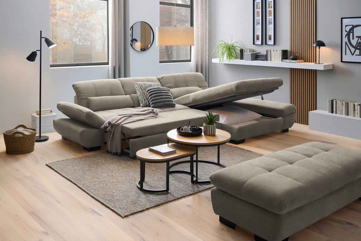 ECKSOFA Flachgewebe Greige  - Greige/Schwarz, Design, Textil/Metall (341/204cm) - Xora