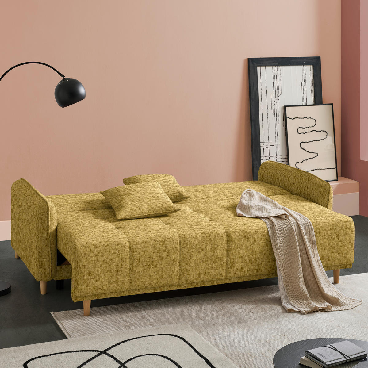 SCHLAFSOFA  in Chenille Currygelb  - Currygelb/Buchefarben, Design, Holz/Textil (217/97/101cm) - Carryhome