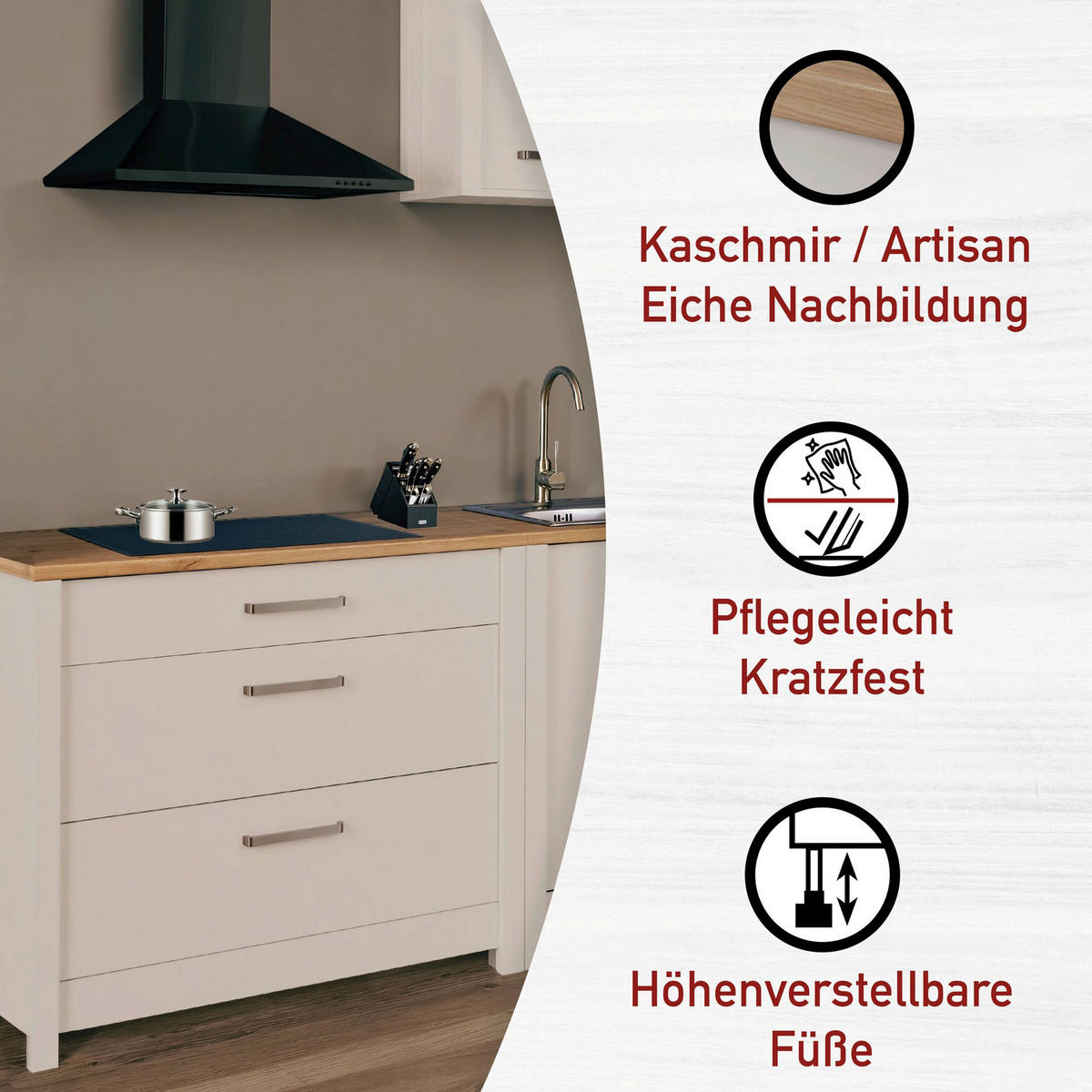 KÜCHENLEERBLOCK 300 cm   in Kaschmir, Eiche Artisan  - Kaschmir/Silberfarben, MODERN, Glas/Holzwerkstoff (300cm) - home24