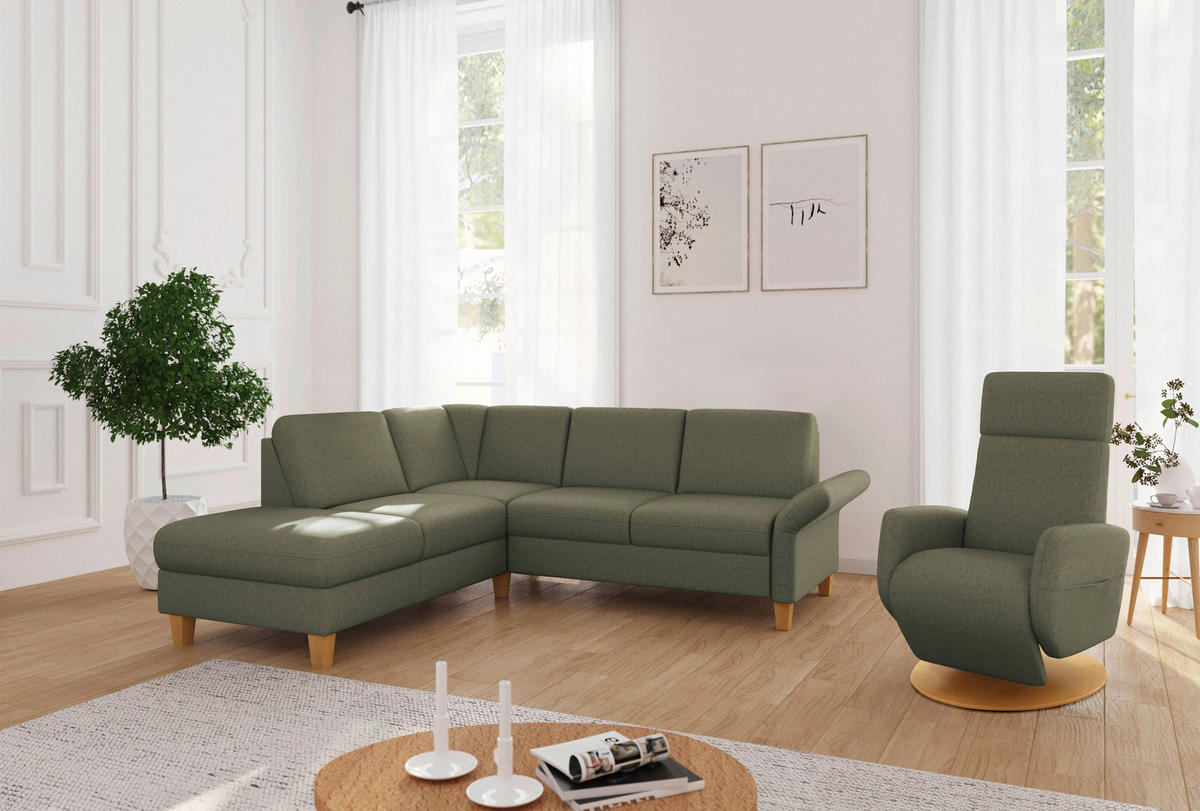 ECKSOFA in Flachgewebe Olivgrün  216/240 cm  - Eichefarben/Olivgrün, KONVENTIONELL, Holz/Textil (216/240cm) - Sit & More