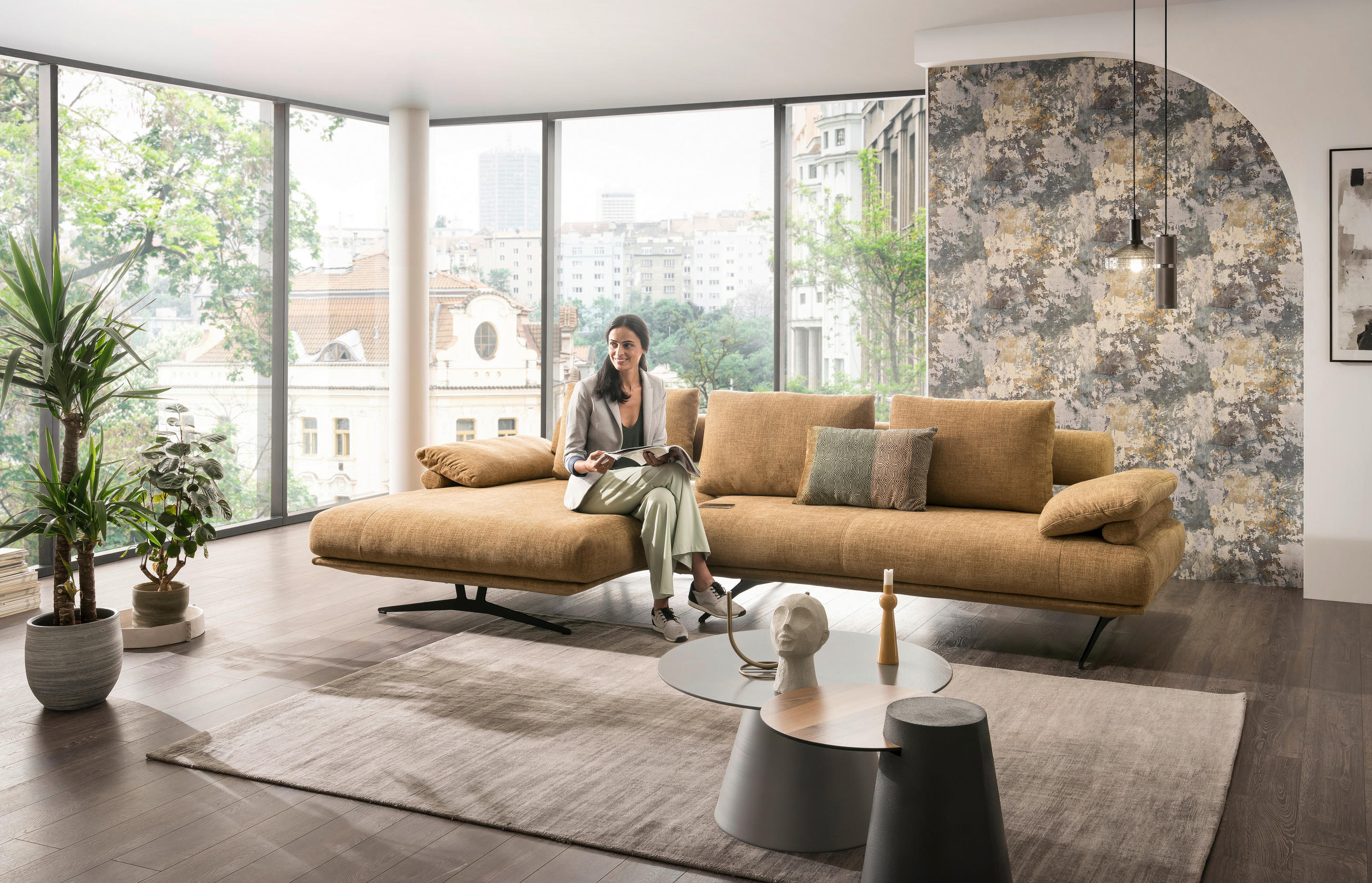 ECKSOFA in Chenille Honig  - Schwarz/Honig, Design, Textil/Metall (168/334cm) - Dieter Knoll