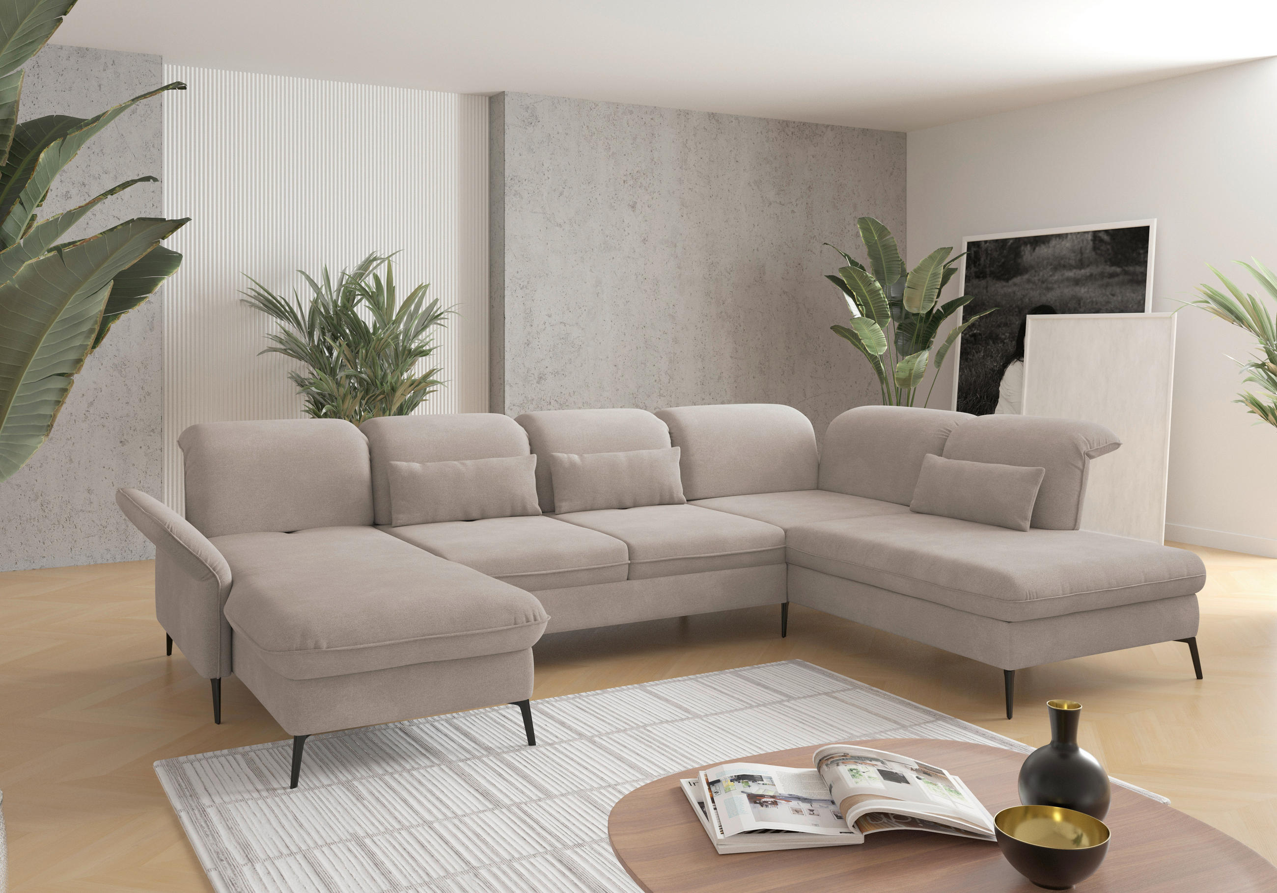 WOHNLANDSCHAFT Greige Flachgewebe  - Greige/Schwarz, KONVENTIONELL, Textil/Metall (198/359/231cm) - Sit & More