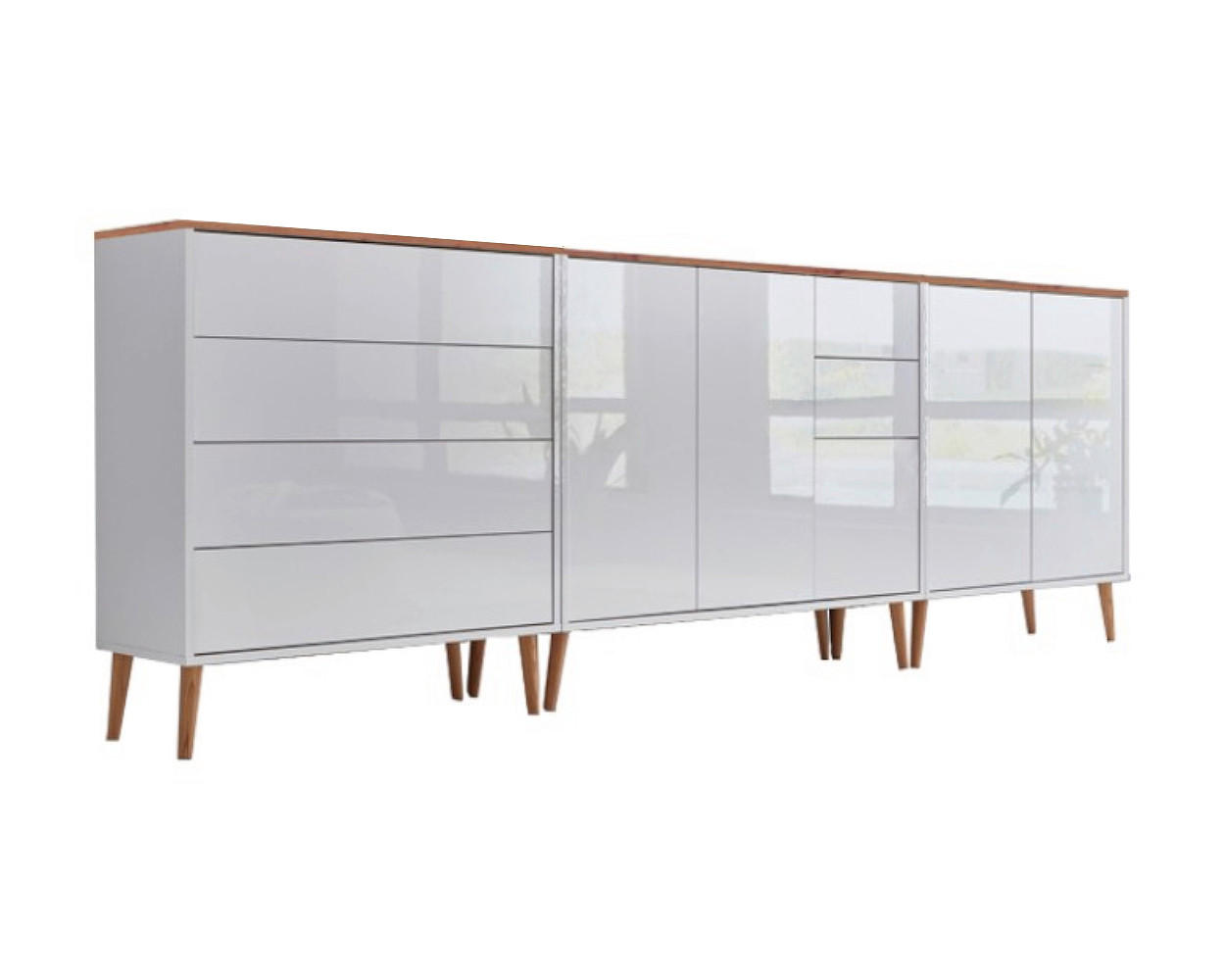 Mid.you Sideboard Mailand Set 7 + HF Weiß, Eiche Artisan, Weiß Hochglanz 263.5x86x33 cm