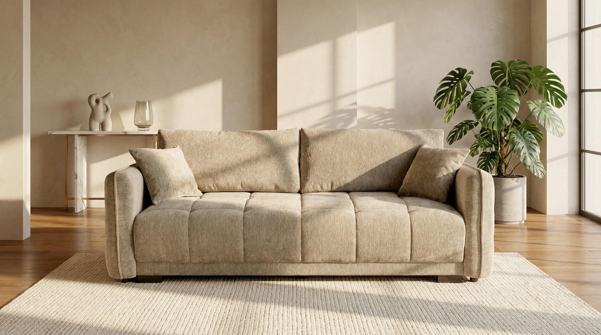 BOXSPRINGSOFA Chenille Naturfarben  inkl. Zierkissen, Rückenkissen, Bettkasten, Schlaffunktion  - Schwarz/Naturfarben, KONVENTIONELL, Kunststoff/Textil (235/94/103cm) - Novel