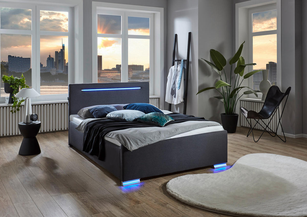 POLSTERBETT 140/200 cm,  in Schwarz, Beleuchtung,  - Silberfarben/Schwarz, Design, Kunststoff/Textil (140/200cm) - Boxxx
