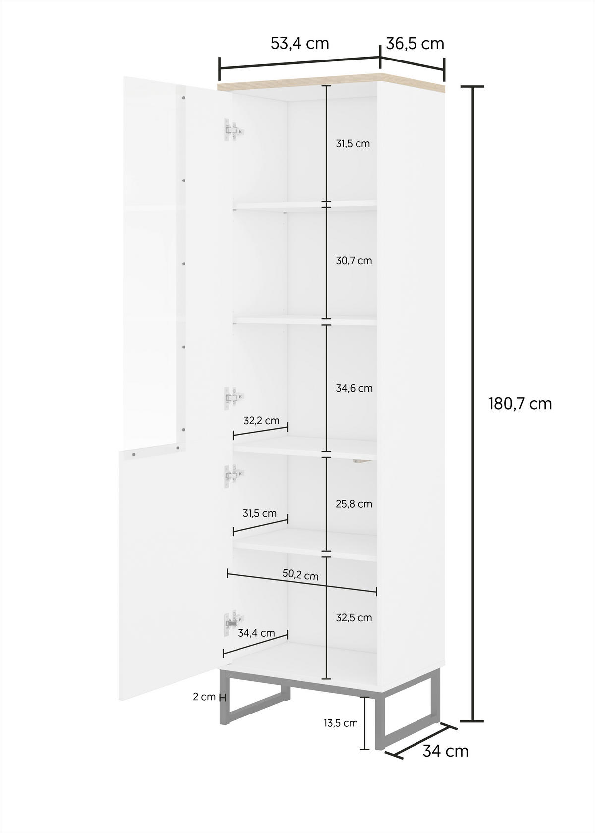 VITRINE Alto in Weiß, Eichefarben  - Eichefarben/Schwarz, Design, Glas/Holzwerkstoff (53,4/180,7/36,5cm) - MID.YOU