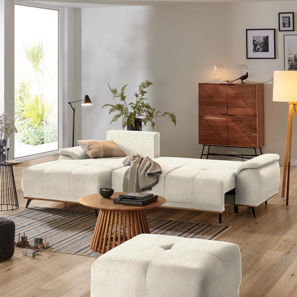 ECKSOFA Creme Chenille  - Creme/Schwarz, MODERN, Textil/Metall (168/262cm) - home24