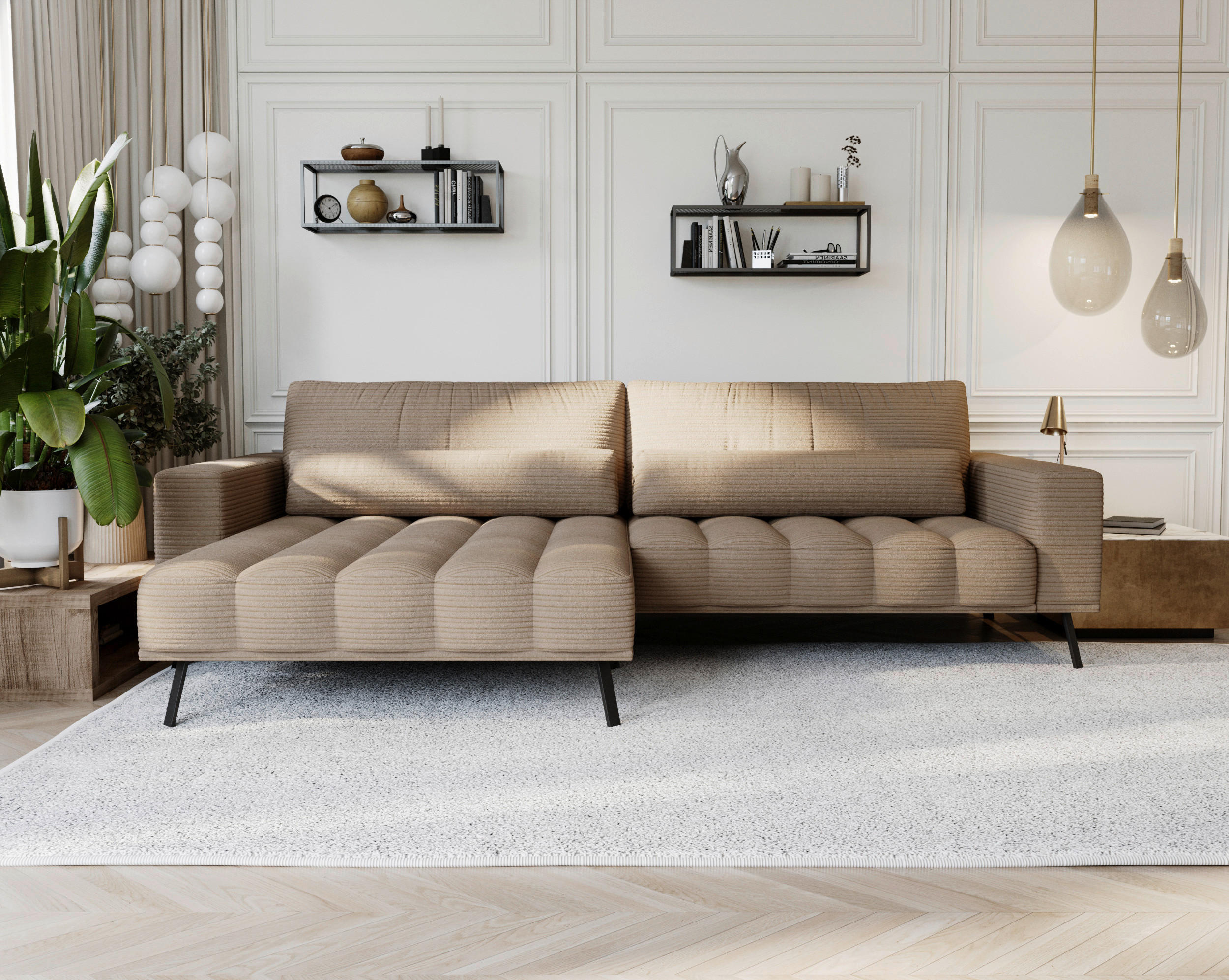 ECKSOFA in Cord Braun  - Schwarz/Braun, Design, Textil/Metall (204/291cm) - Lomoco