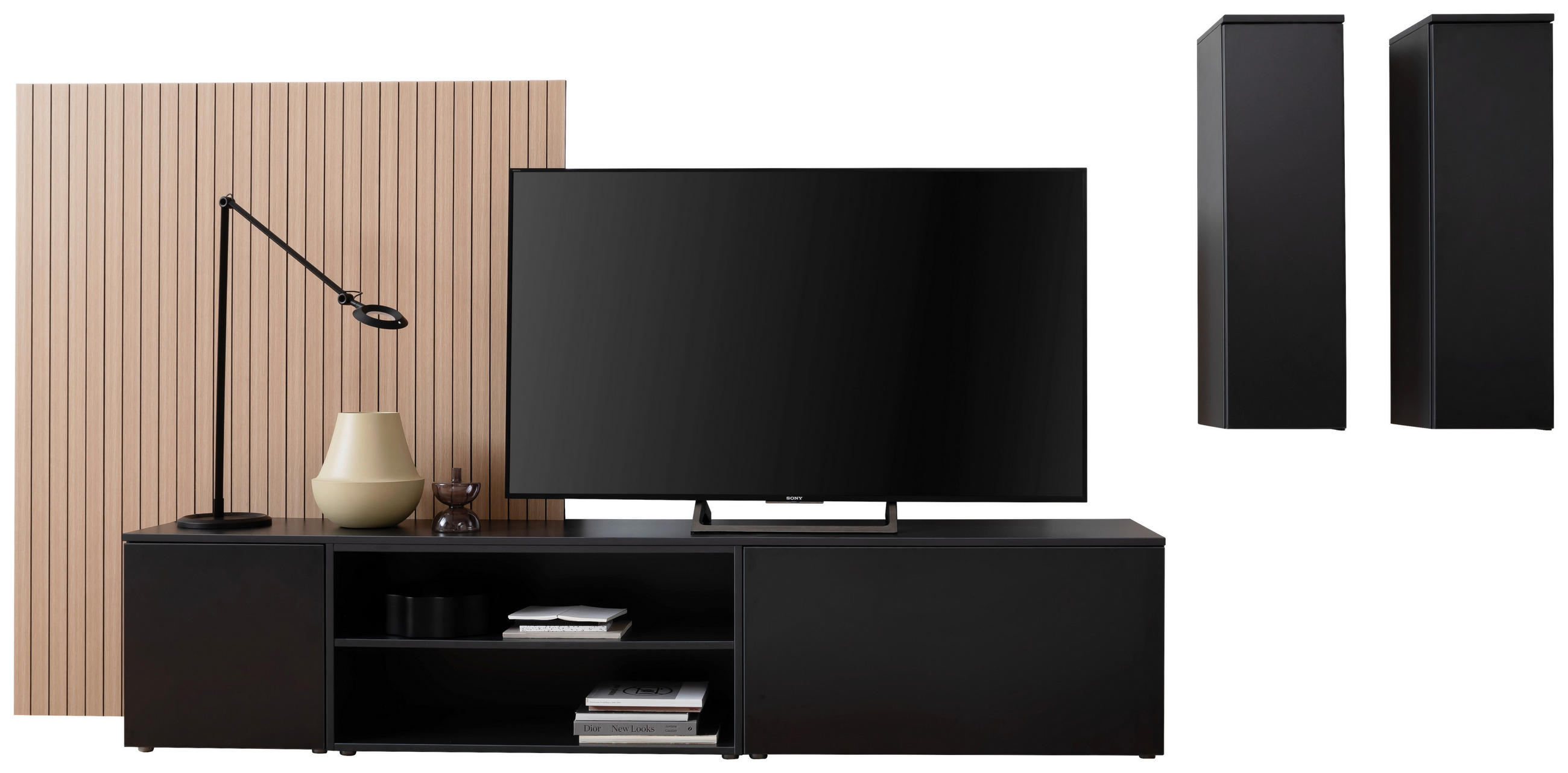 Thumbnail - Moderano Lowboard, Anthrazit, Holzwerkstoff, 3 Fächer, 250x50x45 cm, Handmade in Germany, stehend, hängend, in verschied...