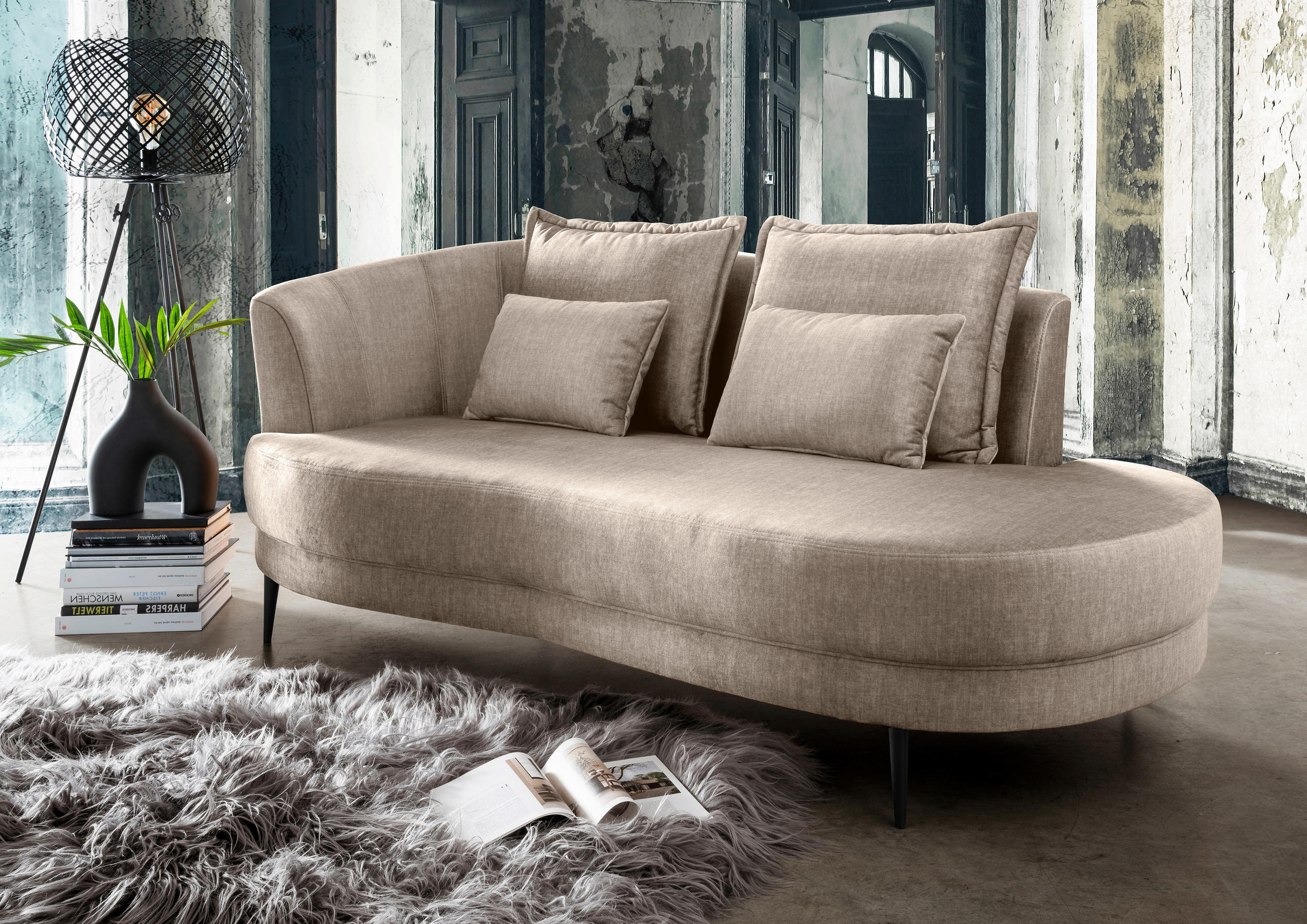 OTTOMANE Velours Beige  - Beige/Schwarz, MODERN, Textil/Metall (211/85/101cm) - Livetastic