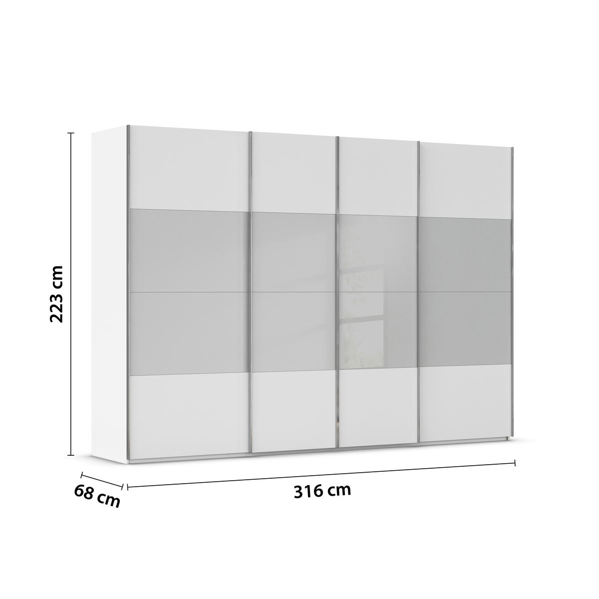 SCHWEBETÜRENSCHRANK 316/223/68 cm 4-türig Weiß, Seidengrau  - Chromfarben/Seidengrau, KONVENTIONELL, Glas/Holzwerkstoff (316/223/68cm) - Novel