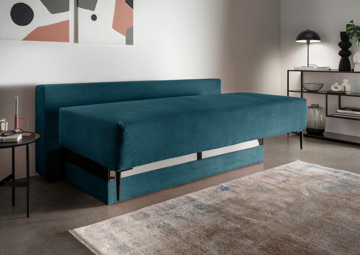 SCHLAFSOFA  mit Liegefunktion, Schlafen auf Sitzhöhe, Rücken echt Cord Petrol  - Petrol/Schwarz, MODERN, Textil/Metall (198/90/100cm) - Livetastic