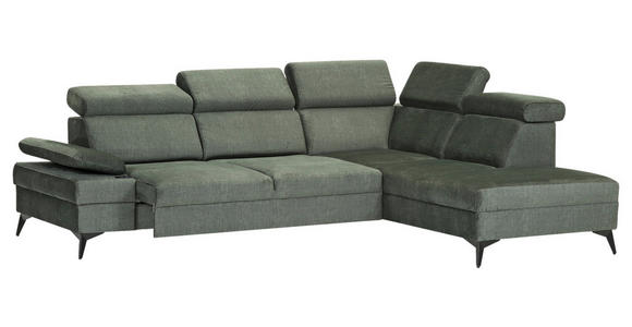ECKSOFA Dunkelgrün Flachgewebe Rücken echt, Kopfteilverstellung, Sitzvorzug  - Dunkelgrün/Schwarz, MODERN, Textil/Metall (258/210cm) - Landscape