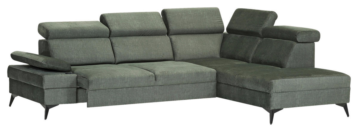 ECKSOFA Dunkelgrün Flachgewebe Rücken echt, Kopfteilverstellung, Sitzvorzug  - Dunkelgrün/Schwarz, MODERN, Textil/Metall (258/210cm) - Landscape