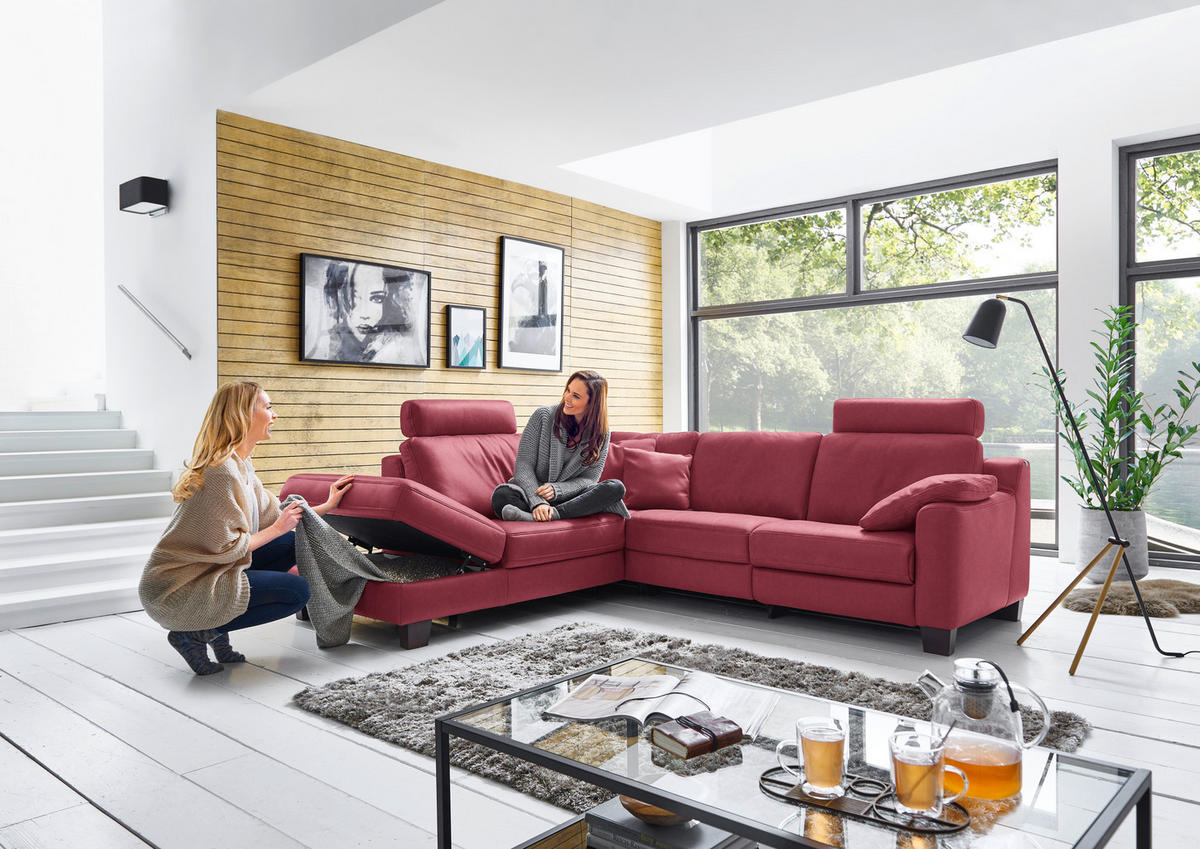 ECKSOFA in Echtleder Bordeaux  - Eichefarben/Bordeaux, Design, Leder/Holz (235/259cm) - Valdera