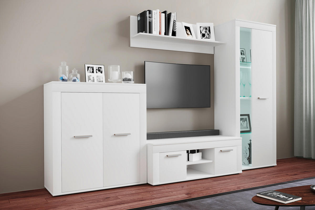 WOHNWAND 4-teilig  in Weiss 242/159/37 cm  - Weiss/Silberfarben, Design, Glas/Holzwerkstoff (242/159/37cm) - MID.YOU