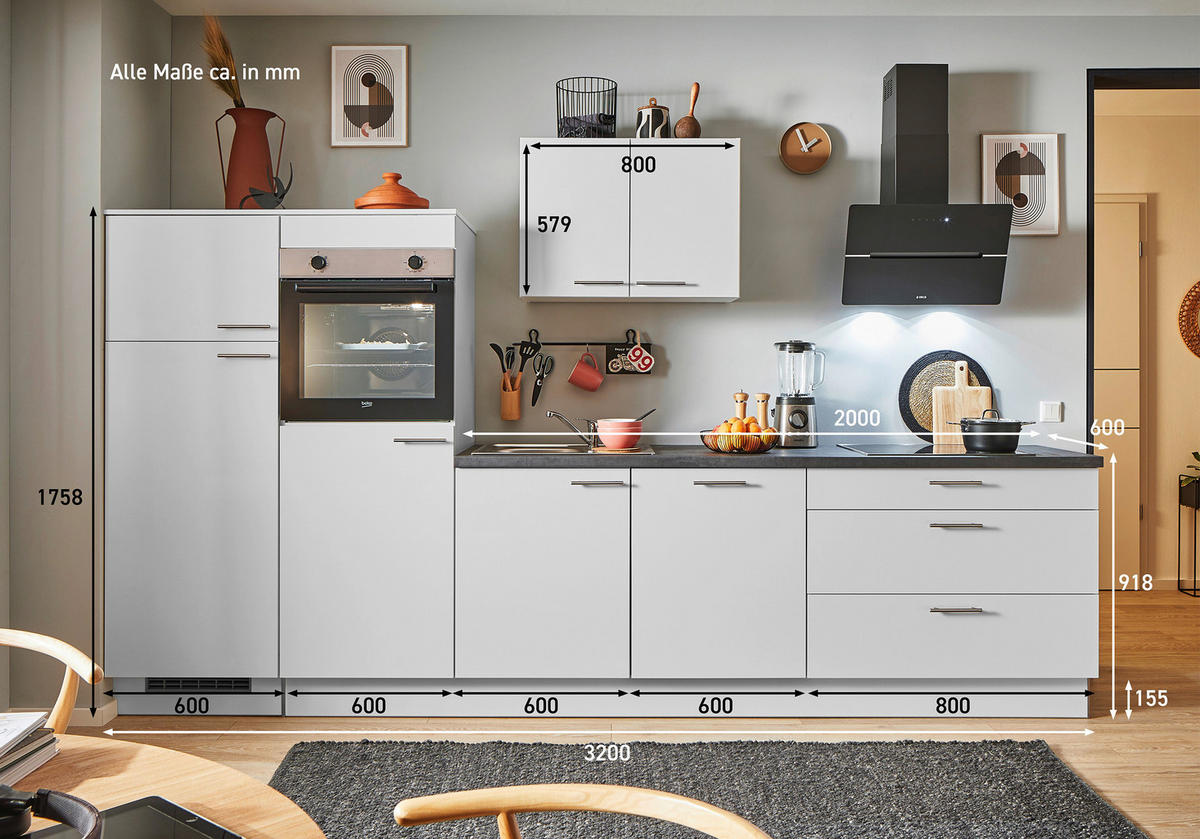 KÜCHENBLOCK PN 80 320 cm  in Graphitfarben, Hellgrau  - Edelstahlfarben/Hellgrau, Design, Holzwerkstoff/Metall (320cm) - Pino