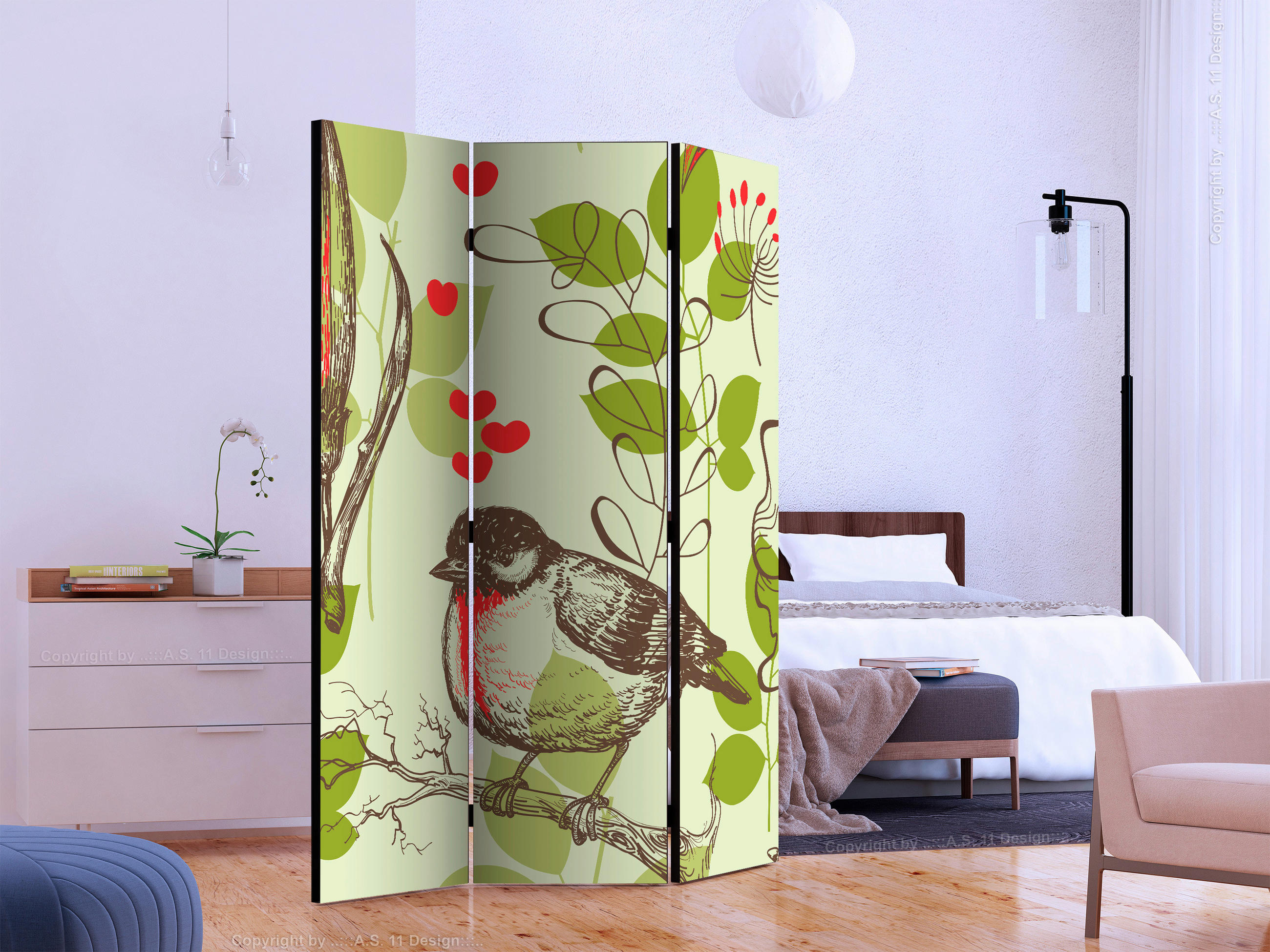 PARAVENT mit 3  Flügel - Braun/Grün, Basics, Holz/Textil (135/172/3cm) - artgeist