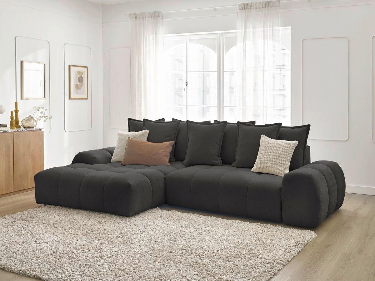 ECKSCHLAFSOFA EVEREST  mit Rücken echt, Armteil links, Armteil rechts Struktur Schwarz  - Schwarz, MODERN, Kunststoff/Textil (318/180cm) - Livetastic