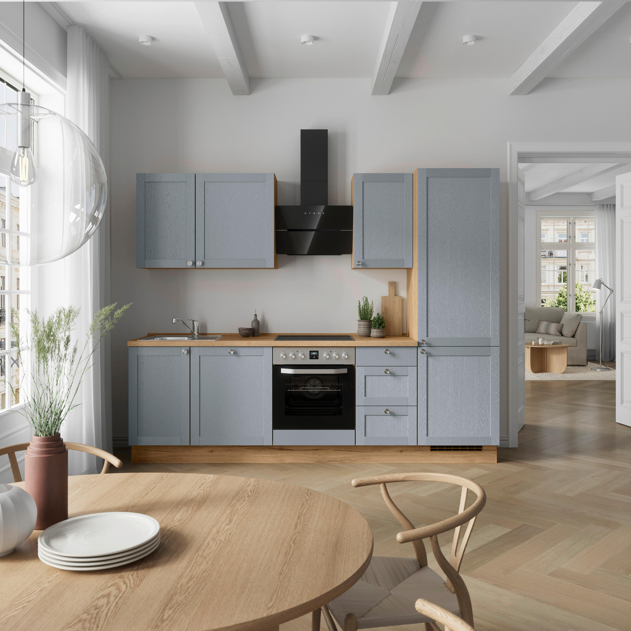 KÜCHENLEERBLOCK Frame 270 cm  in Eichefarben, Blaugrau  - Edelstahlfarben/Eichefarben, ROMANTIK / LANDHAUS, Holzwerkstoff/Metall (270cm) - Nobilia