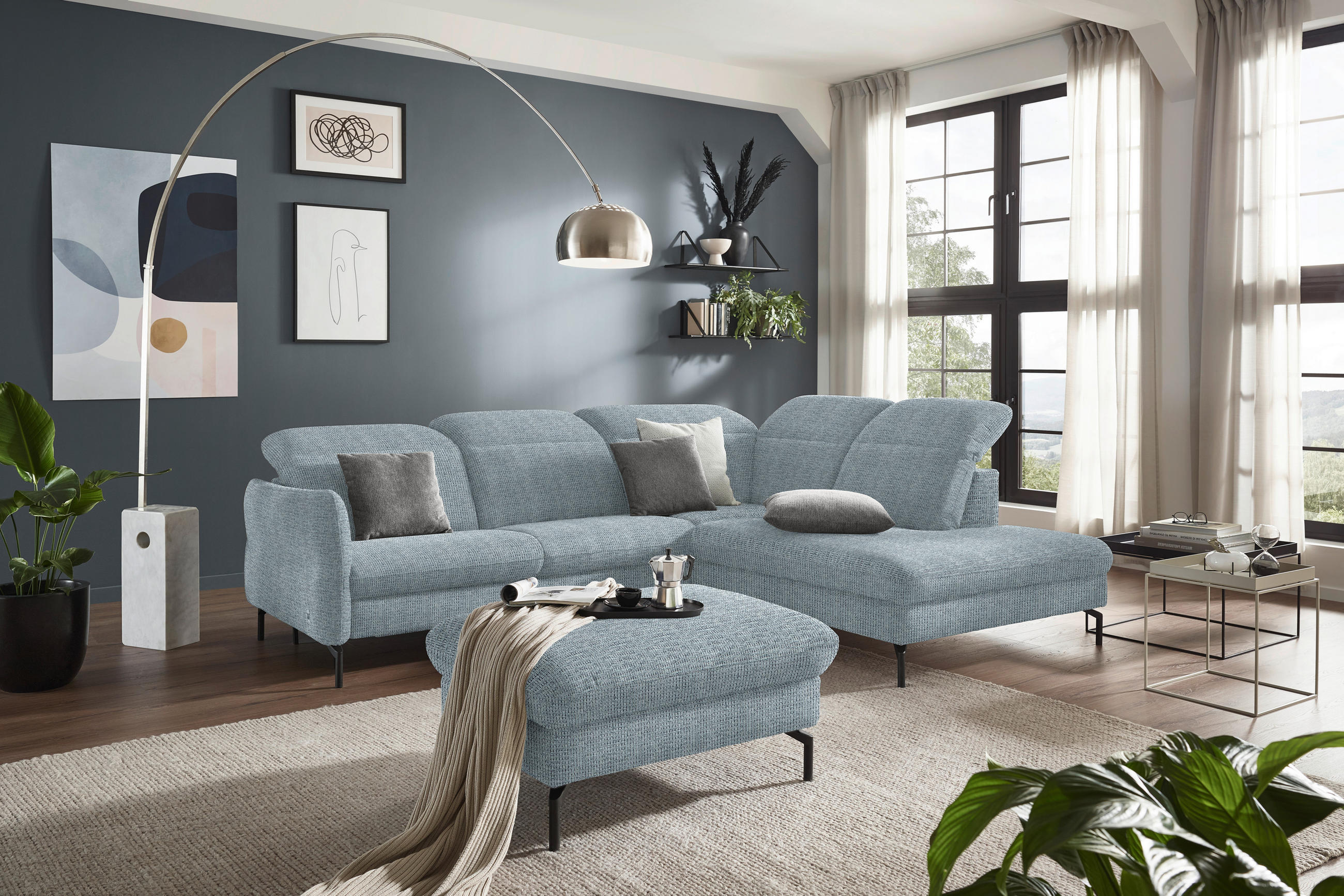 ECKSOFA in Flachgewebe Hellblau  - Schwarz/Hellblau, Design, Textil/Metall (299-313/233cm) - Dieter Knoll
