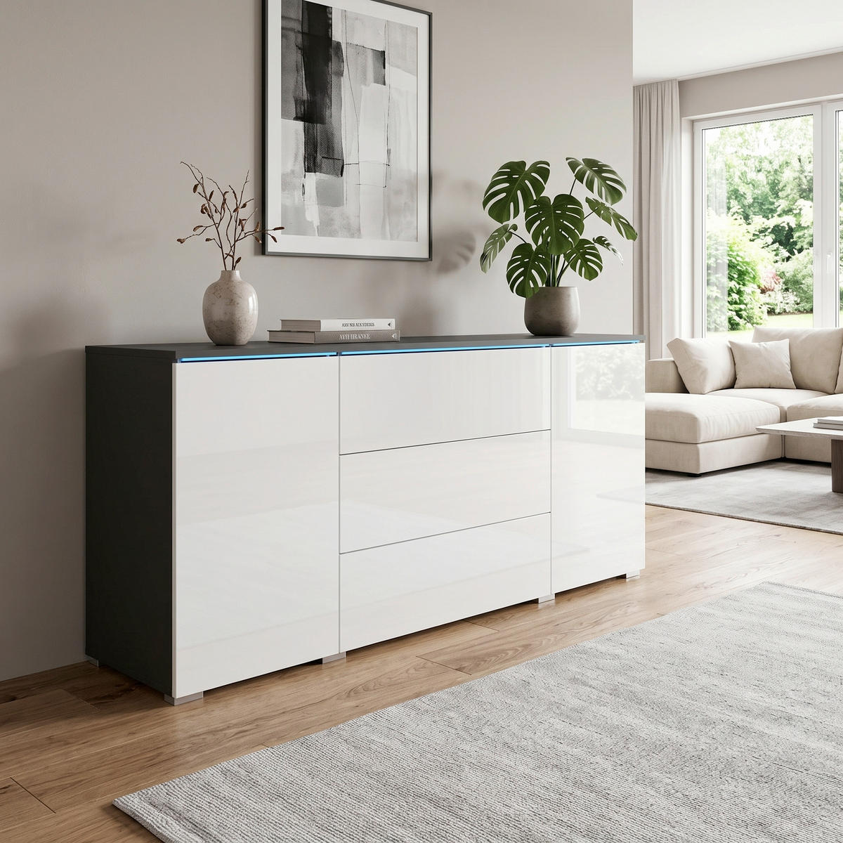 SIDEBOARD Vera 150/67,9/39,5 cm 3 Schublade(n)  - Weiß Hochglanz/Anthrazit, Basics, Holzwerkstoff/Kunststoff (150/67,9/39,5cm) - P & B