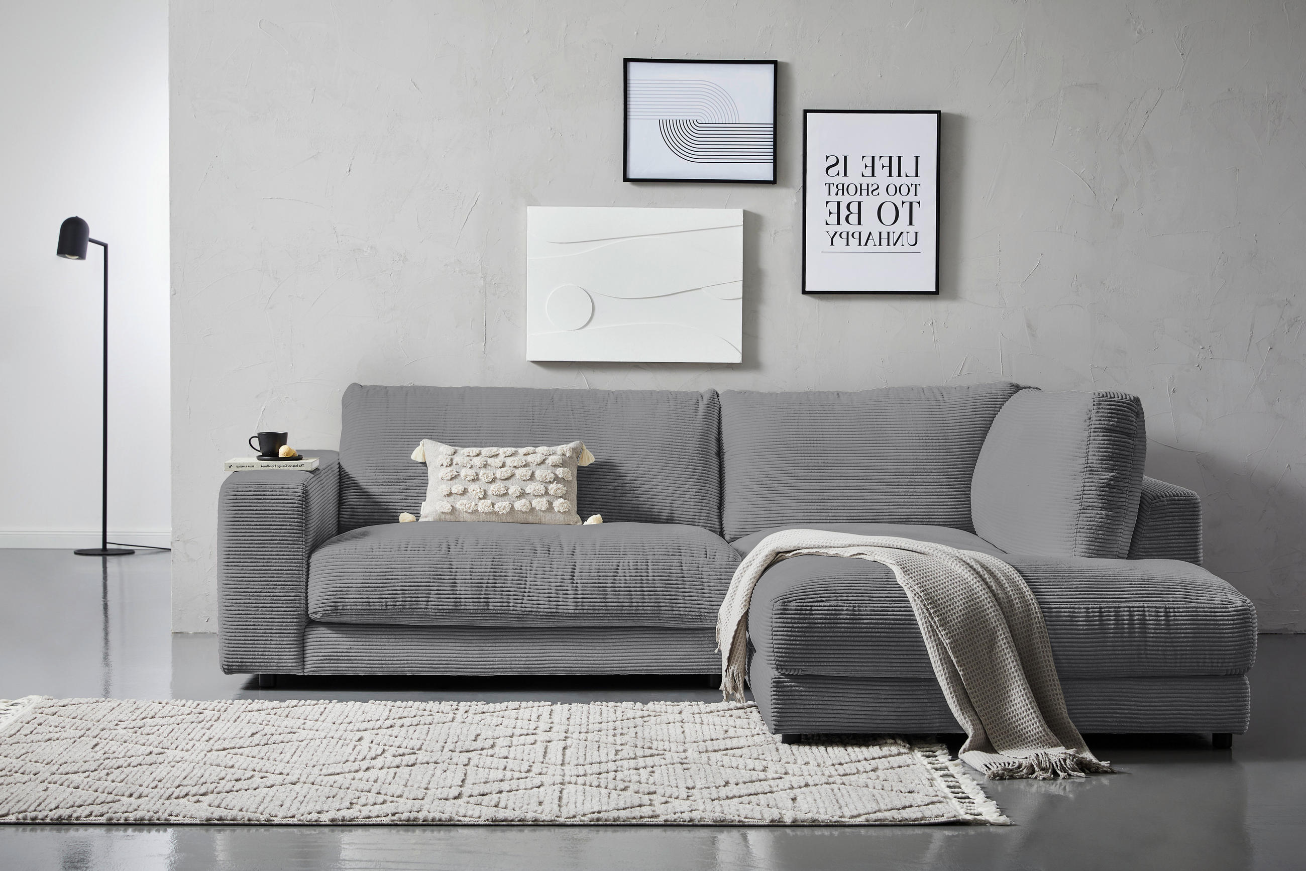ECKSOFA Dunkelgrau Cord  - Dunkelgrau/Schwarz, Design, Kunststoff/Textil (265/224cm) - Hom`in