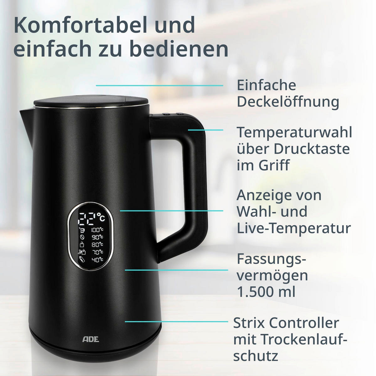 WASSERKOCHER  - Schwarz, Basics, Kunststoff/Metall (15,8/20/27cm) - ADE