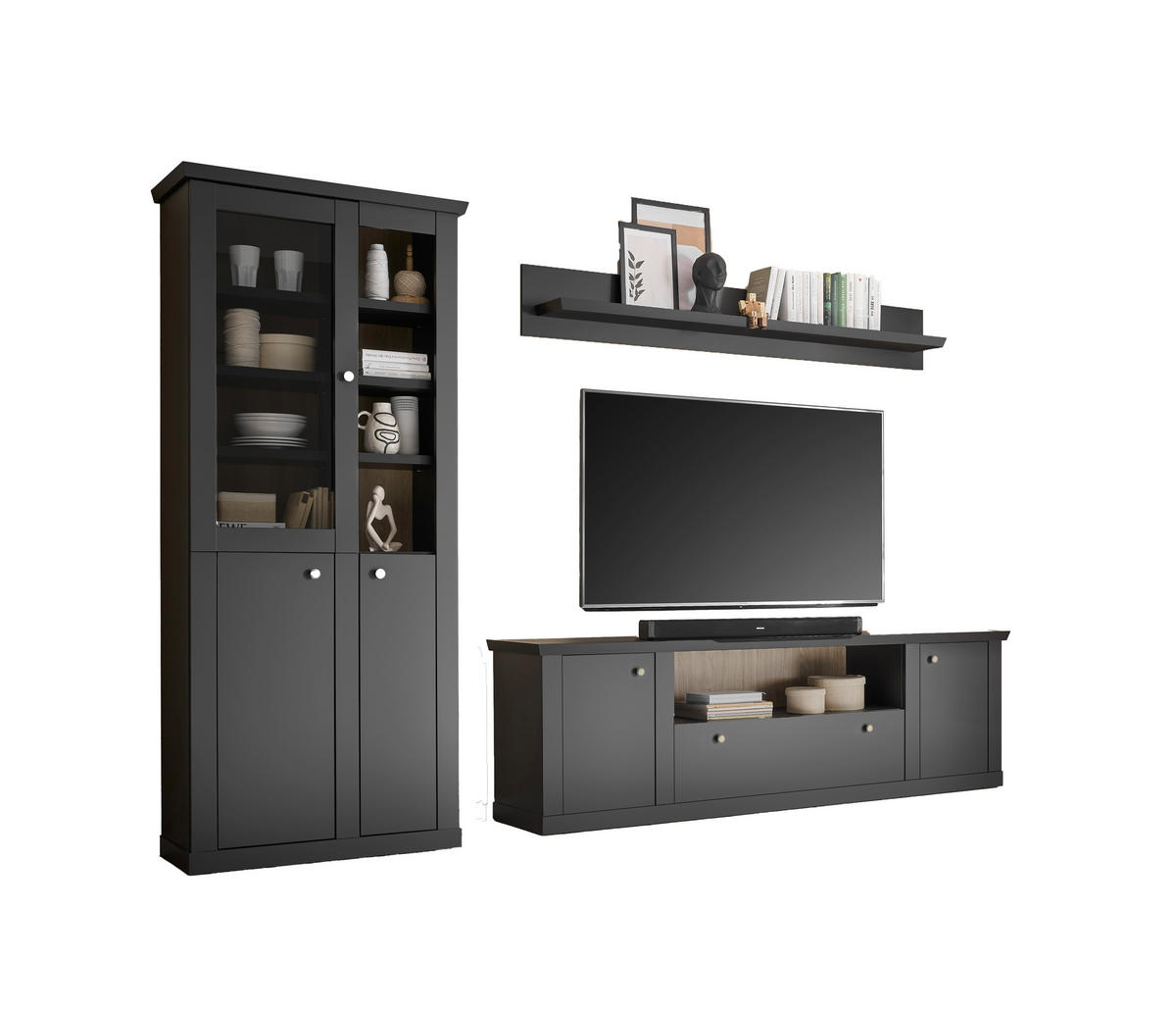 WOHNWAND 3-teilig  in Schwarz, Eichefarben  301/200/42 cm  - Eichefarben/Messingfarben, Design, Holzwerkstoff/Metall (301/200/42cm) - MID.YOU