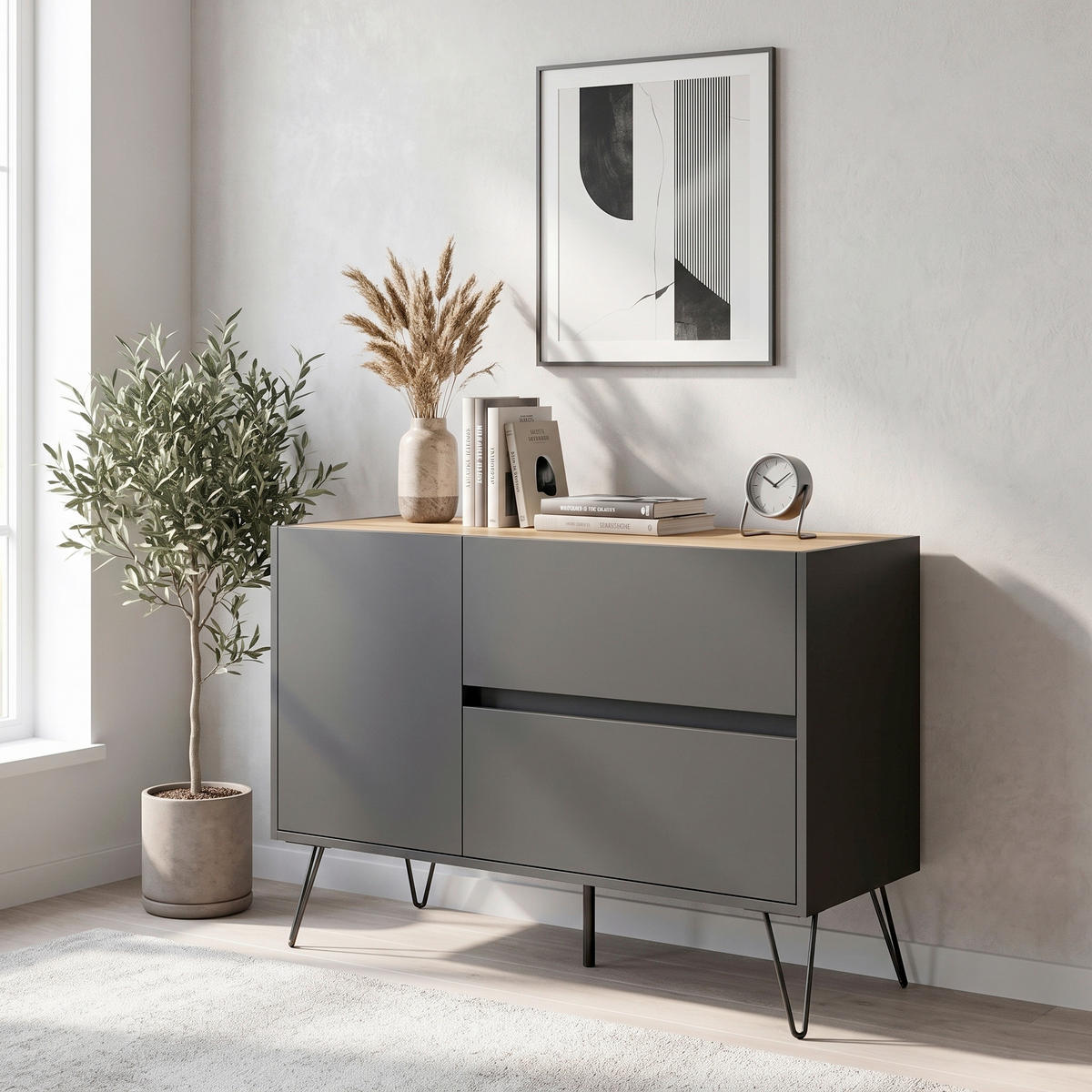 SIDEBOARD Posseik Industrial 99/75,8/42 cm 2 Schublade(n)  - Eichefarben/Graphitfarben, Design, Holzwerkstoff/Metall (99/75,8/42cm) - MID.YOU