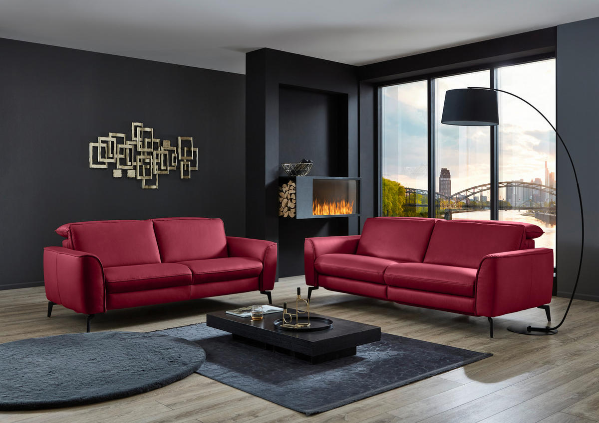 3-SITZER-SOFA in Echtleder Rot  - Rot/Schwarz, Natur, Leder/Metall (222/81/110cm) - Valdera