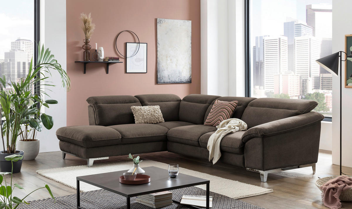 ECKSOFA Dunkelbraun Chenille  - Chromfarben/Dunkelbraun, Design, Textil/Metall (232/293cm) - Livetastic