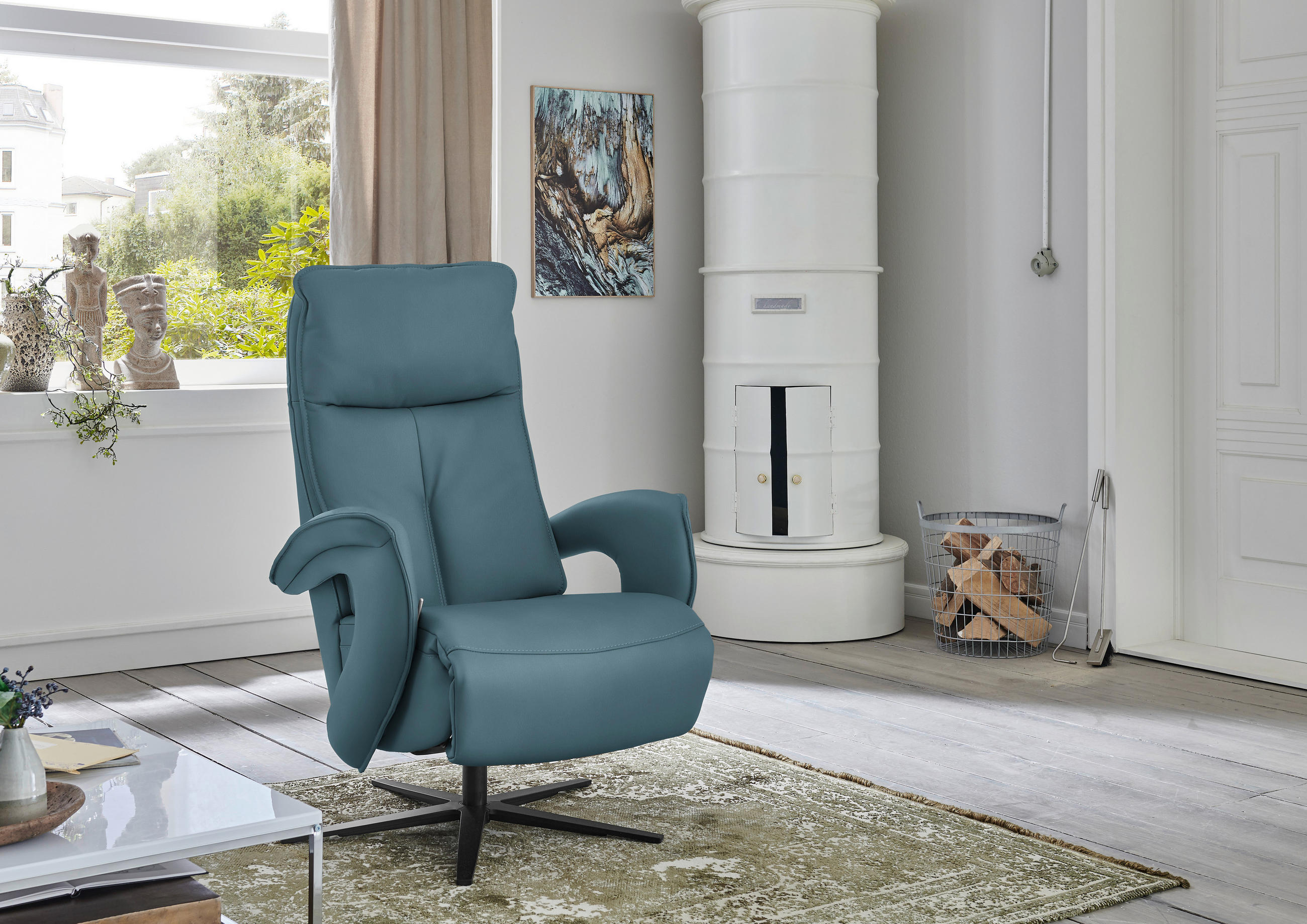 RELAXSESSEL in Leder Blau  - Blau/Schwarz, Design, Leder/Metall (77/110/87cm) - Valdera