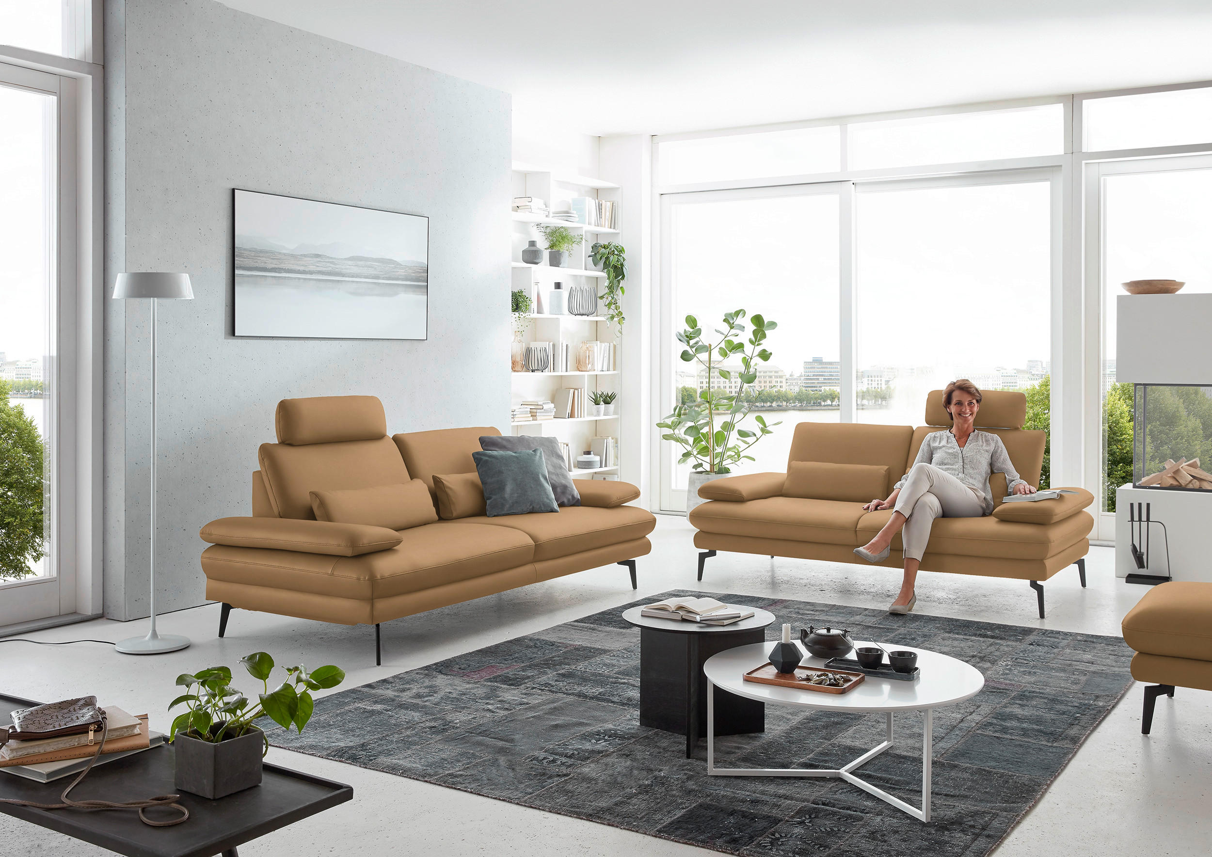 3-SITZER-SOFA in Leder Honig  - Schwarz/Honig, Design, Leder/Metall (222/86/104cm) - Dieter Knoll
